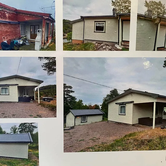 Oversiktsbilder som viser renovering av kledning og vinduer på bolig.