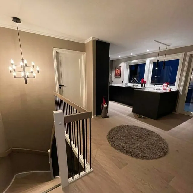 Minimalistisk svart og hvitt kjøkken sett fra gangen.