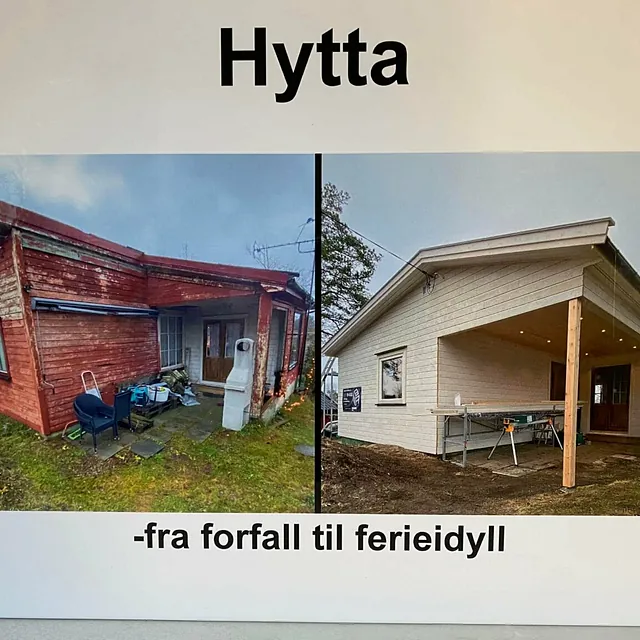 Før- og etterbilde av overbygd inngangsparti på en hytte.